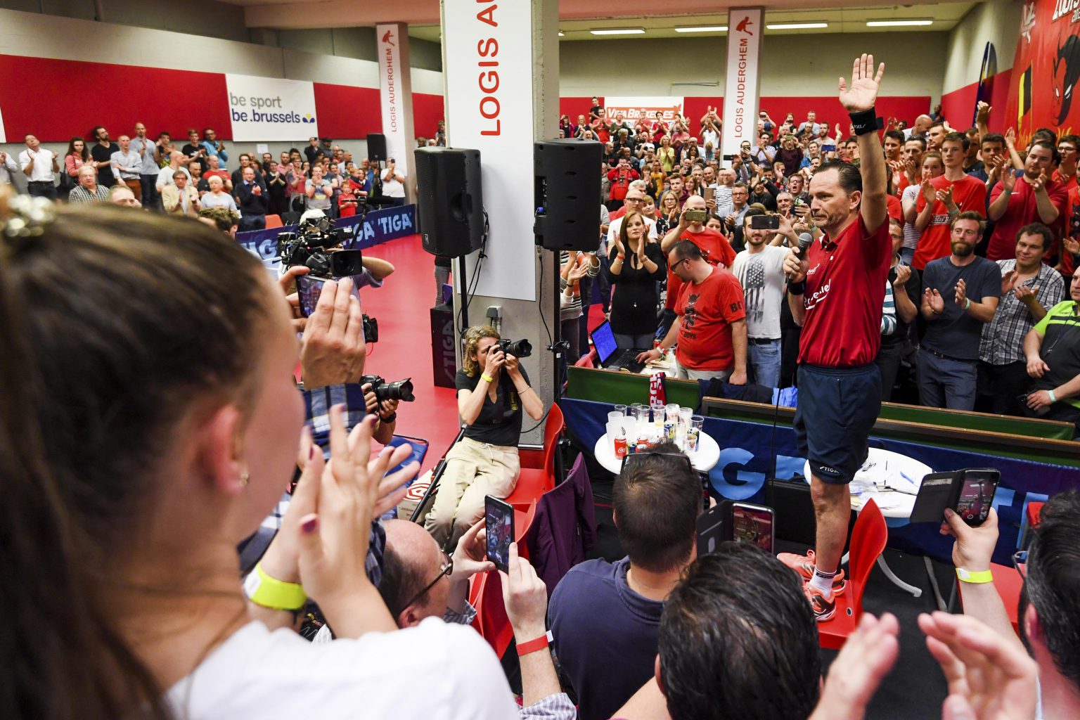 Brussels , 09/05/2019
Last match in the career of Jean-Michel Saive with Logis Oudergem against Etoile Basse Sambre . Jean-Michel Saive is a professional table tennis player from Belgium who competed at seven consecutive Olympics between 1988 and 2012 . He retires from his long standing career in the sport at 49 years old .
Pix : Jean-Michel Saive
Credit : Frederic Sierakowski / Isopix