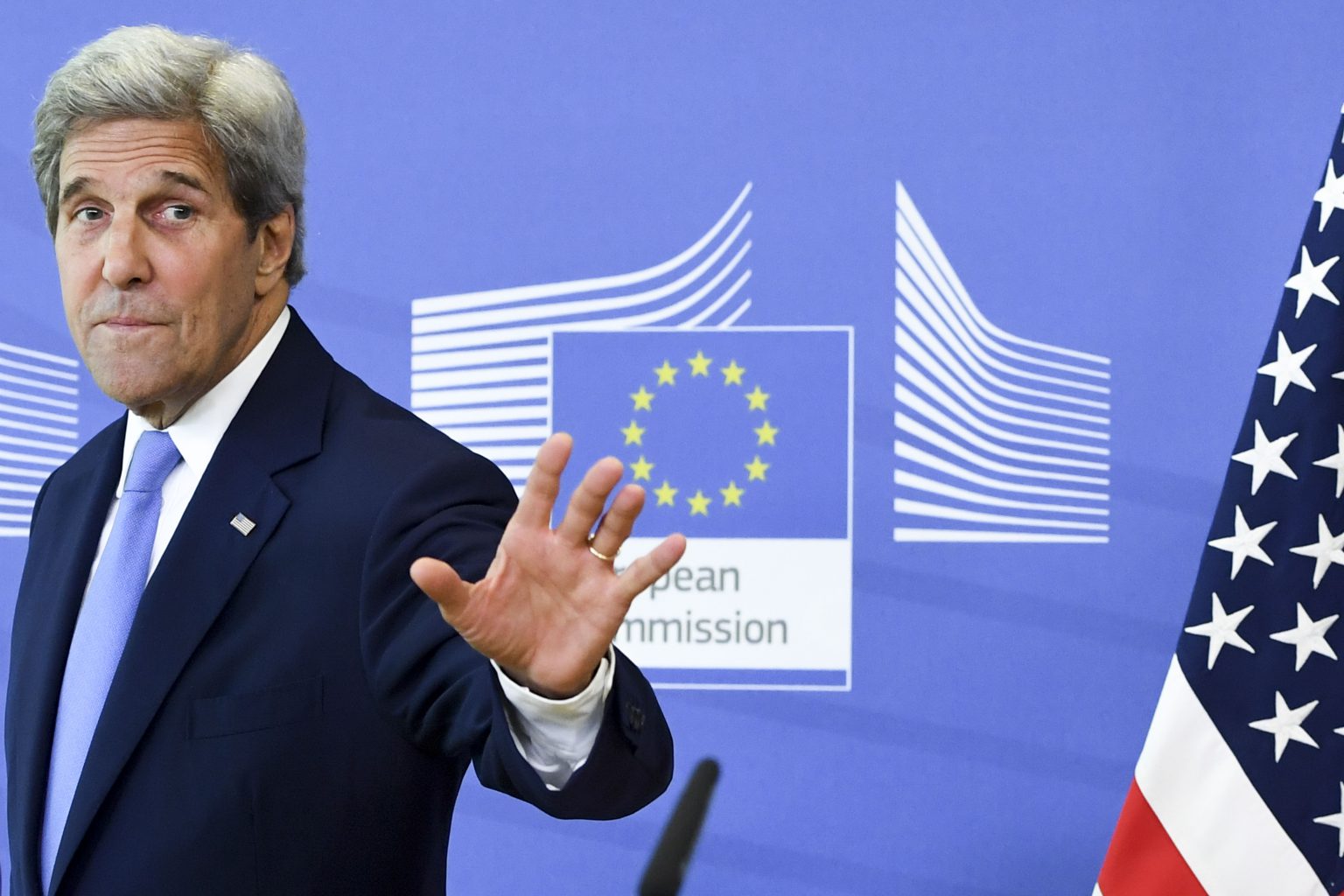 Belgium Brussels , 27/06/2016
Federica Mogherini , the High Representative of the European Union for Foreign affairs and Security policy, and US Secretary of State John Kerry speak at a joint news conference following their meeting at the European Commission. Kerry is on a one day trip to Brussels to meet with NATO and EU officials. 
Pix : John Kerry
Credit : Frederic Sierakowski / Isopix