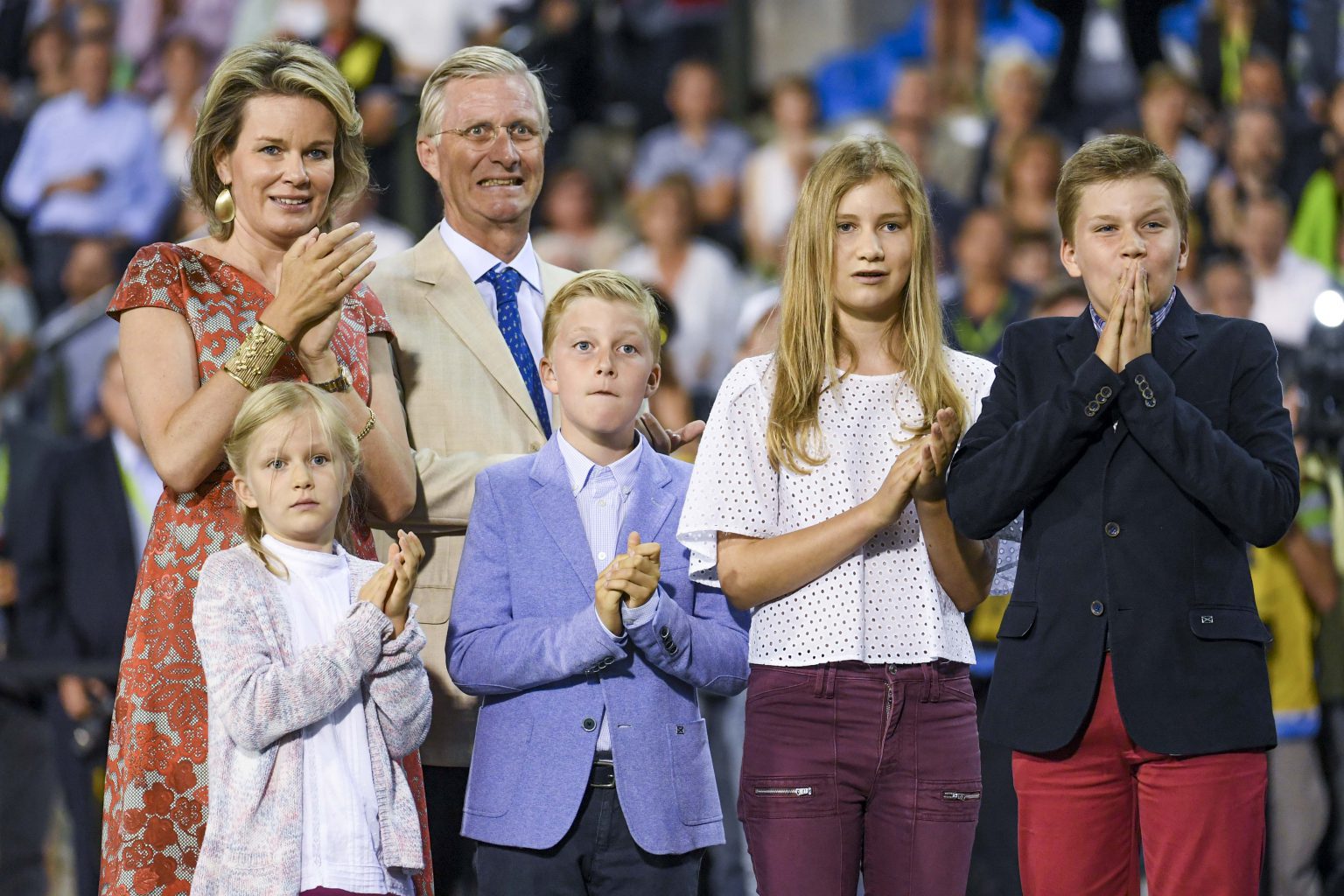 Brussels , 09/09/2016
King Philippe, Queen Mathilde and their four children attend  at the 40th Edition of the AG Insurance Memorial Van Damme IAAF Diamond League athletics meeting in the King Baudouin Stadium of Brussels .
Pix : King Philippe / Queen Mathilde / Princess Elisabeth / Prince Gabriel / Prince Emmanuel / Princess Eleonore
Credit : Frederic Sierakowski / Isopix