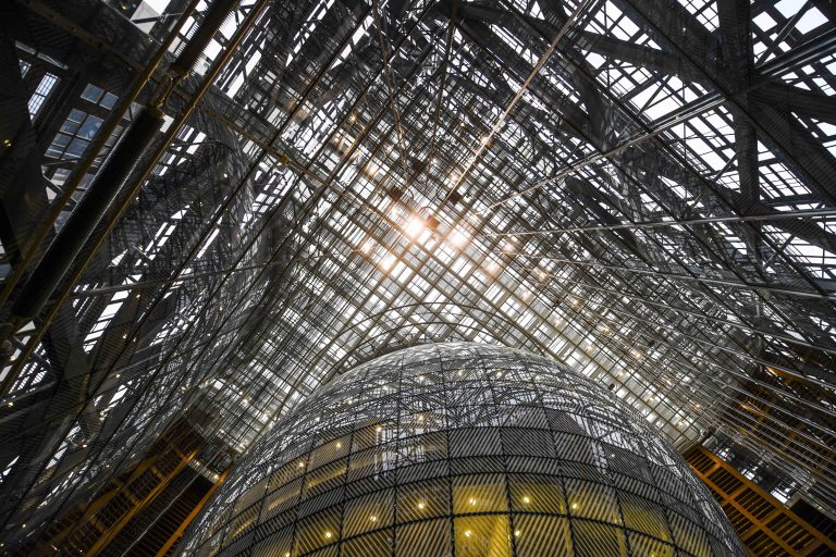 Brussels , 23/01/2017
Europa building's atrium  of the new European council building . Located at the heart of the European district, the Europa building combines a new part, a lantern-shaped structure designed by the consortium of Samyn and Partners, Studio Valle Progettazioni and Buro Happold, and a renovated section listed Art Deco complex designed by architect Michel Polak in 1922.
Credit : Frederic Sierakowski / Isopix