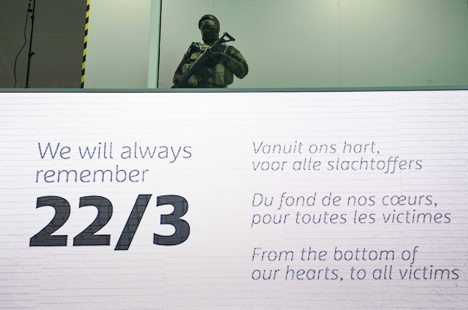 Zaventem , 22/03/2017
Commemoration ceremonies organized by the Federal Government of Belgium , Brussels Airport and STIB - MIVB in memory of the victims of the 22/3 terrorist attacks . One year ago suicide bombers of the Islamic State attacked Brussels Airport and a the subway station Maelbeek . 32 people died during these attacks and hundreds others got wounded .  
Pix :
Credit : Frederic Sierakowski / Isopix