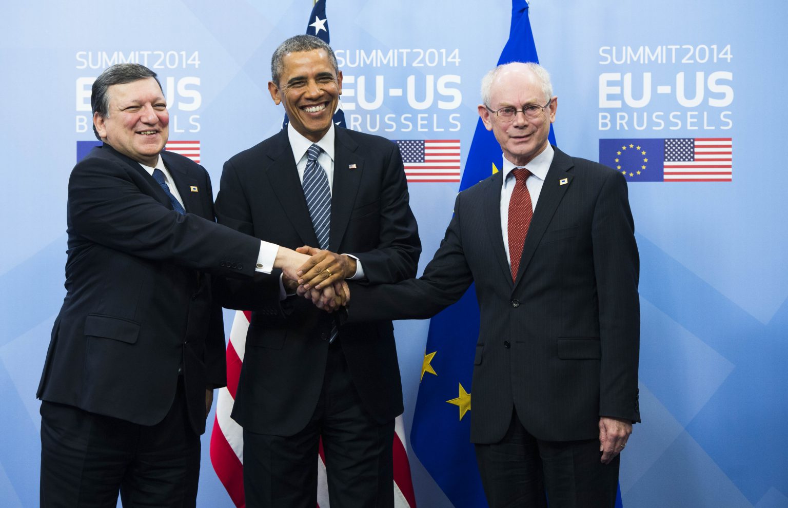 Brussels 26 March 2014 
European Union – United States summit at the Justus Lipsius building 
Pix...   Barack Obama / Herman Van Rompuy / Jose Manuel Barroso
Credit Frederic Sierakowski / Isopix