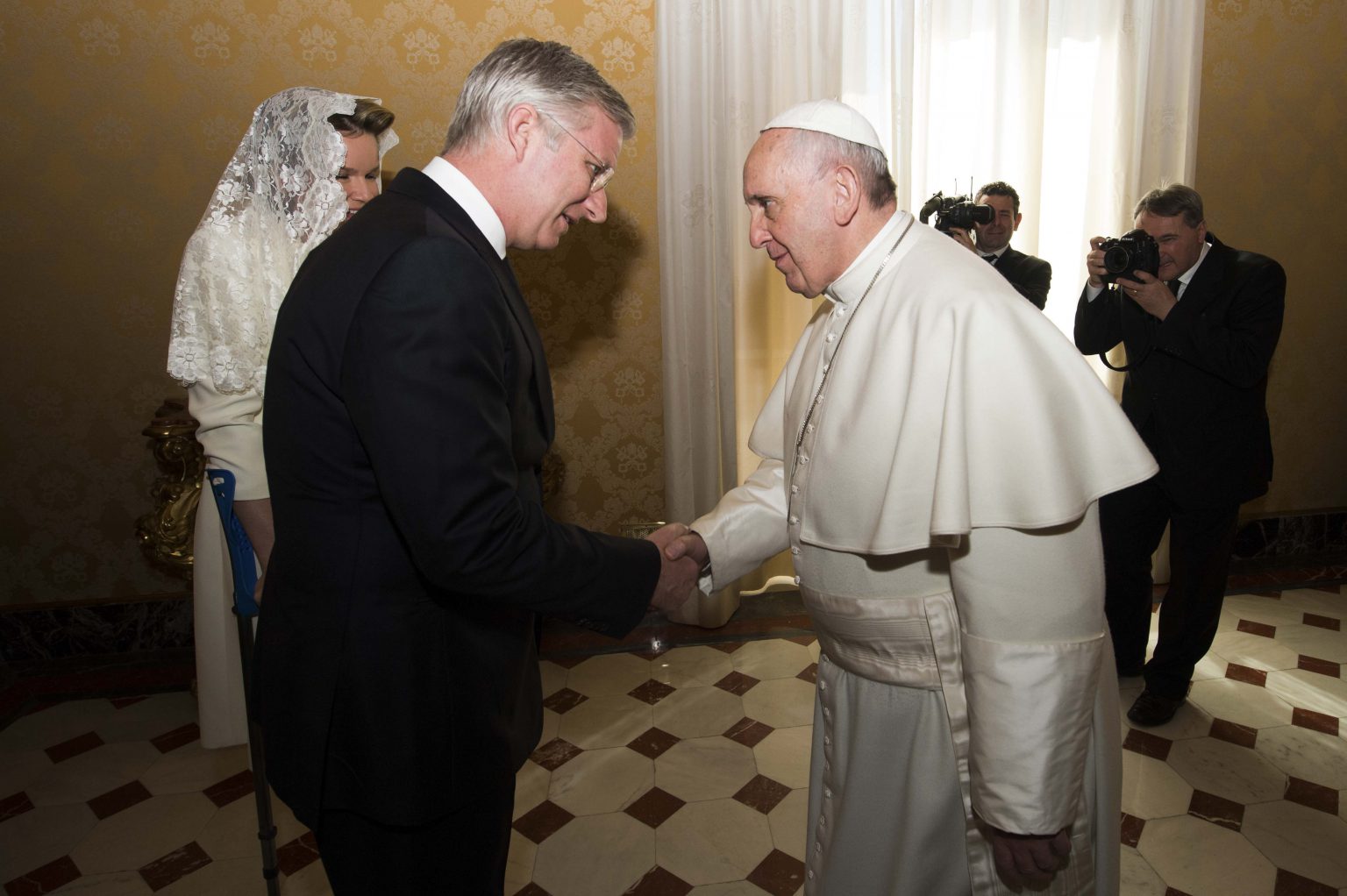 Vatican city 9 March 2015
Official visit of King Philippe and Queen Mathilde of Belgium to the Vatican
Pix...  King Philippe / Queen Mathilde /  Pope Francis 
Credit Frederic Sierakowski / Isopix